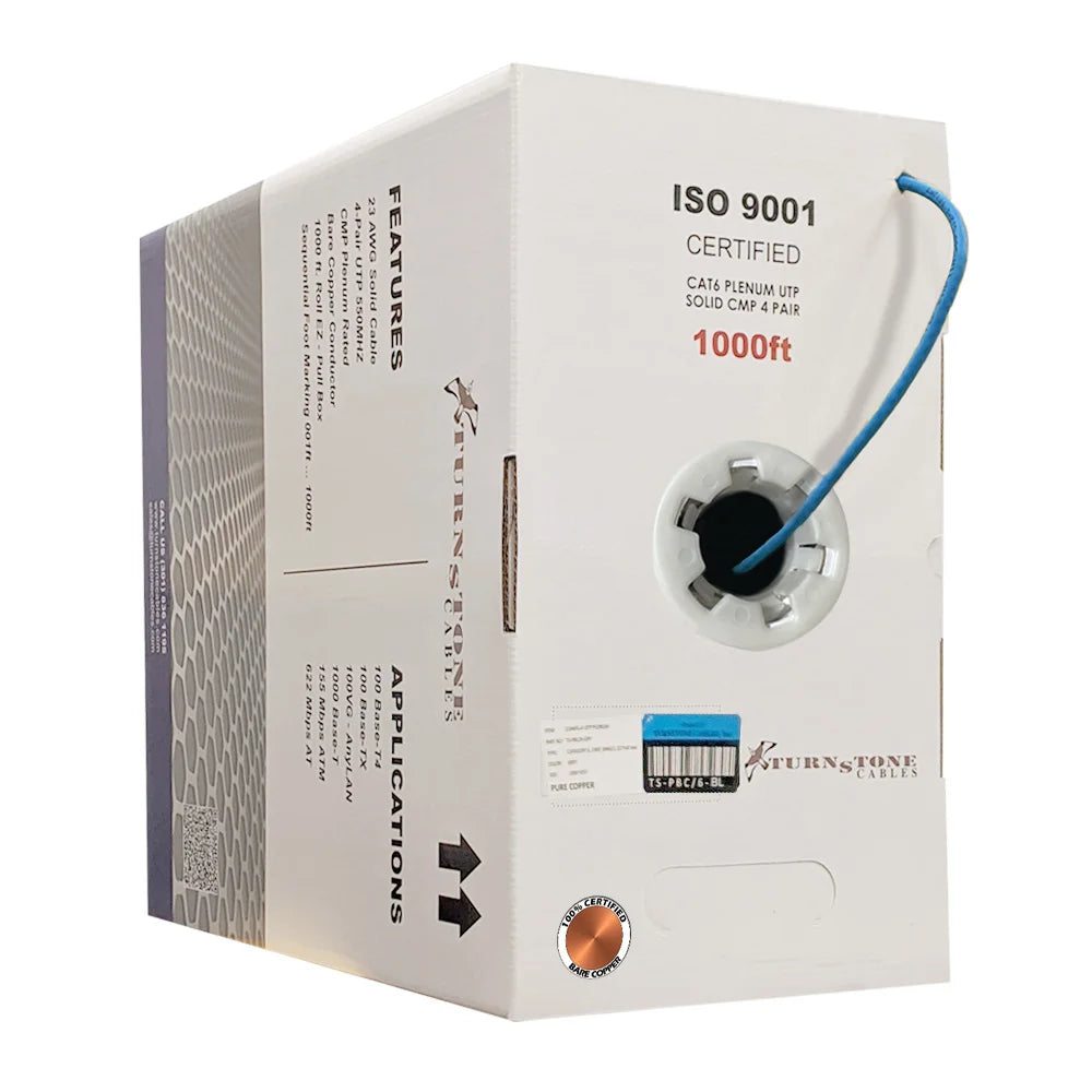 Cat6 Plenum Cable 1000 ft | Unshielded Twisted Pair | Solid Bare Copper | Blue