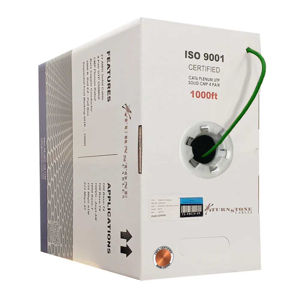 Cat6 Plenum Cable 1000 ft | Unshielded Twisted Pair | Solid Bare Copper | Green