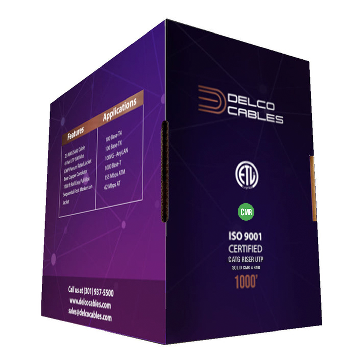 ETL Listed Cat6 Riser UTP 100% Solid Bare Copper Cable 1000 Ft.