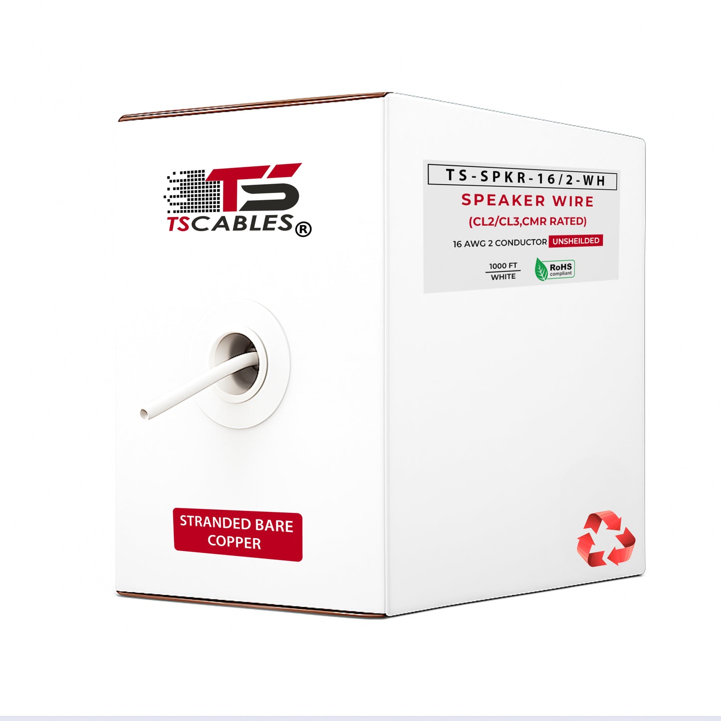 16/2 Speaker Wire Riser CL2/CL3 Rated Stranded Bare Copper Unshielded - 1000ft - White
