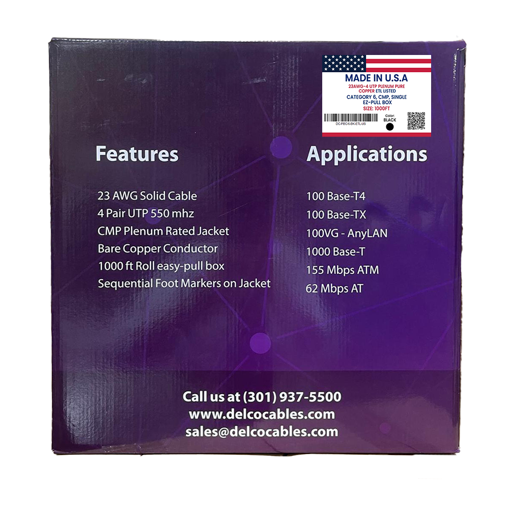 U.S. Made Cat6 UTP Plenum Rated, Pure Copper, 550mhz , ETL Listed