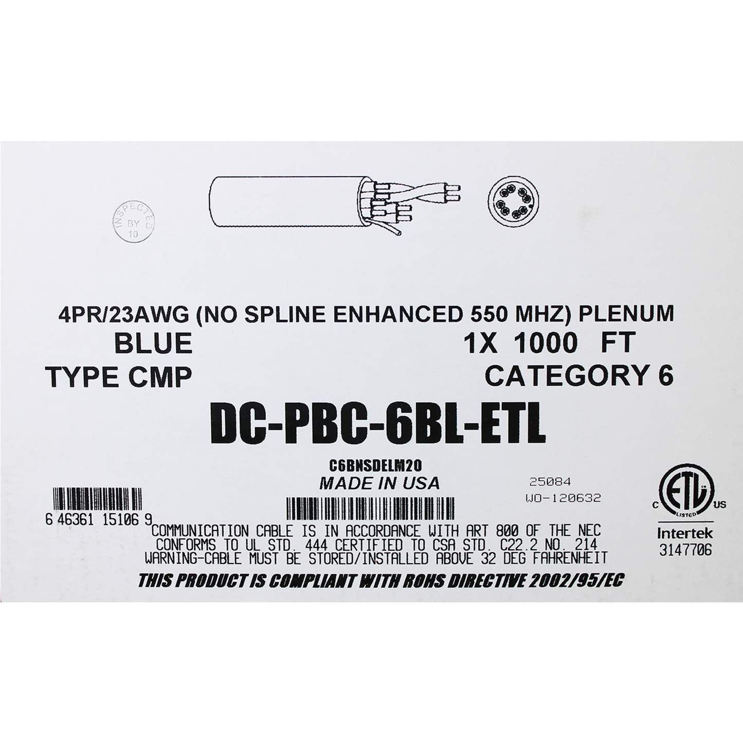 U.S. Made Cat6 UTP Plenum Rated, Pure Copper, 550mhz , ETL Listed