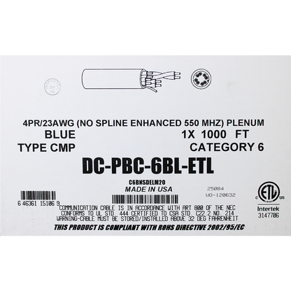 U.S. Made Cat6 UTP Plenum Rated, Pure Copper, 550mhz , ETL Listed