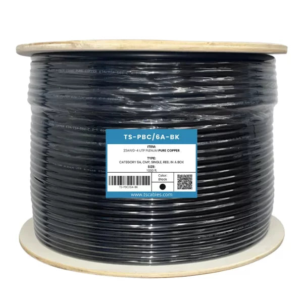 Cat6a Plenum Cable | Unshielded Twisted Pair | Black | 1000 Ft