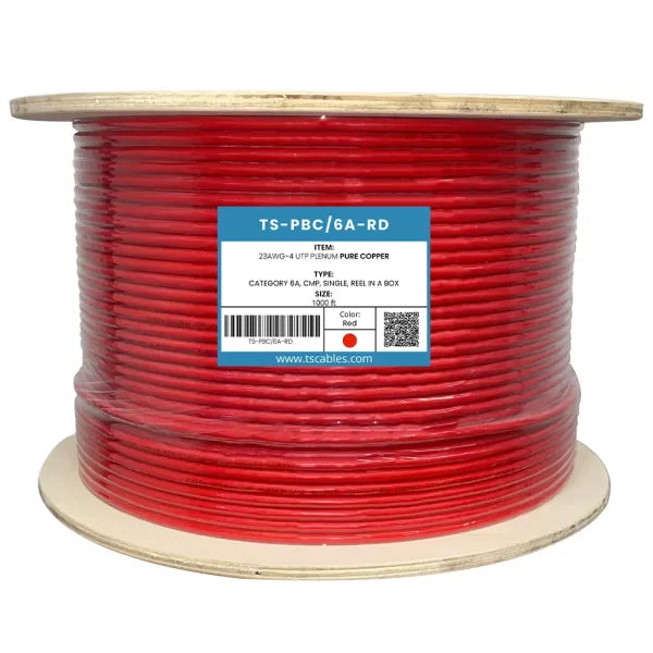 Cat6a Plenum Cable | Unshielded Twisted Pair | Red | 1000 Ft